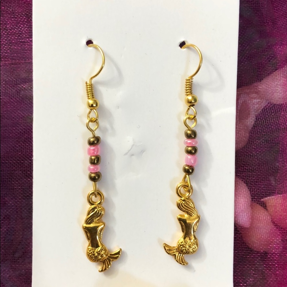 Mermaid Golden Hook Earrings Pink, Bronze Beads Handmade New